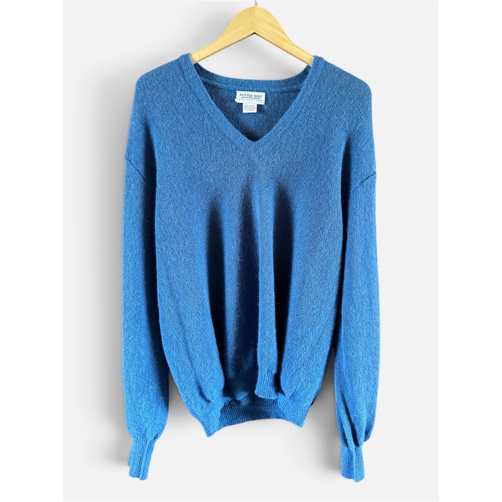 Vintage Tuttle Golf Collection 100% Alpaca Sweater Mens XL Blue V Neck Peru